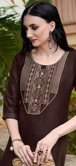 Elegant Brown Nira Cotton Long Kurti | Designer Multicolor Embroidery Work