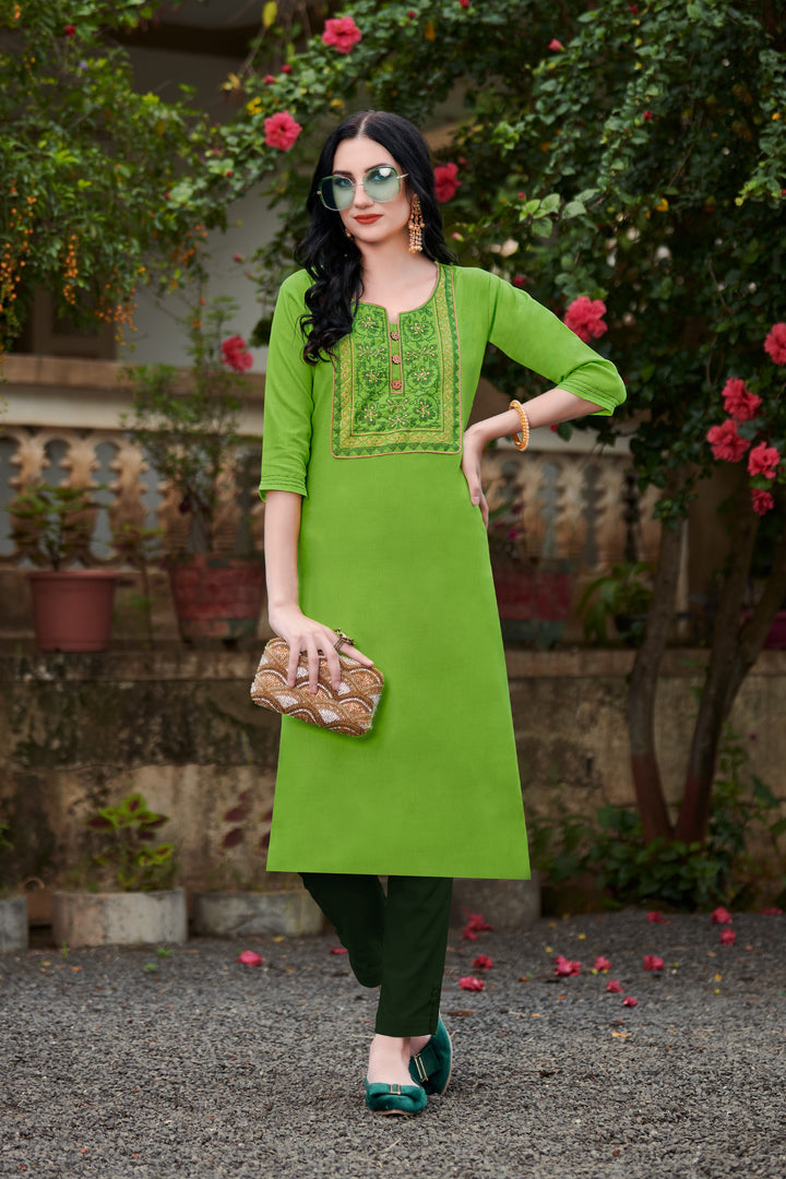 Elegant Green Nira Cotton Long Kurti | Multicolor Embroidery Work