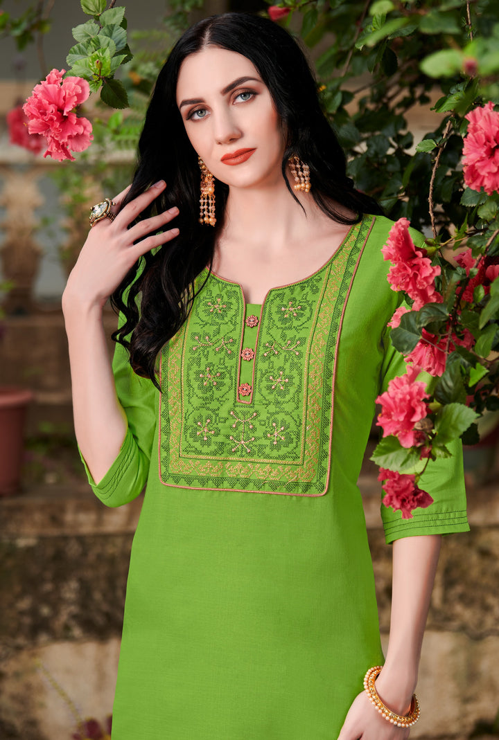 Elegant Green Nira Cotton Long Kurti | Multicolor Embroidery Work