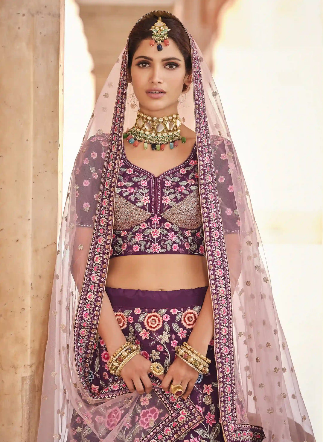 Thread-Work Crepe Bridal Lehenga | Embroidered Work Weddings & Parties