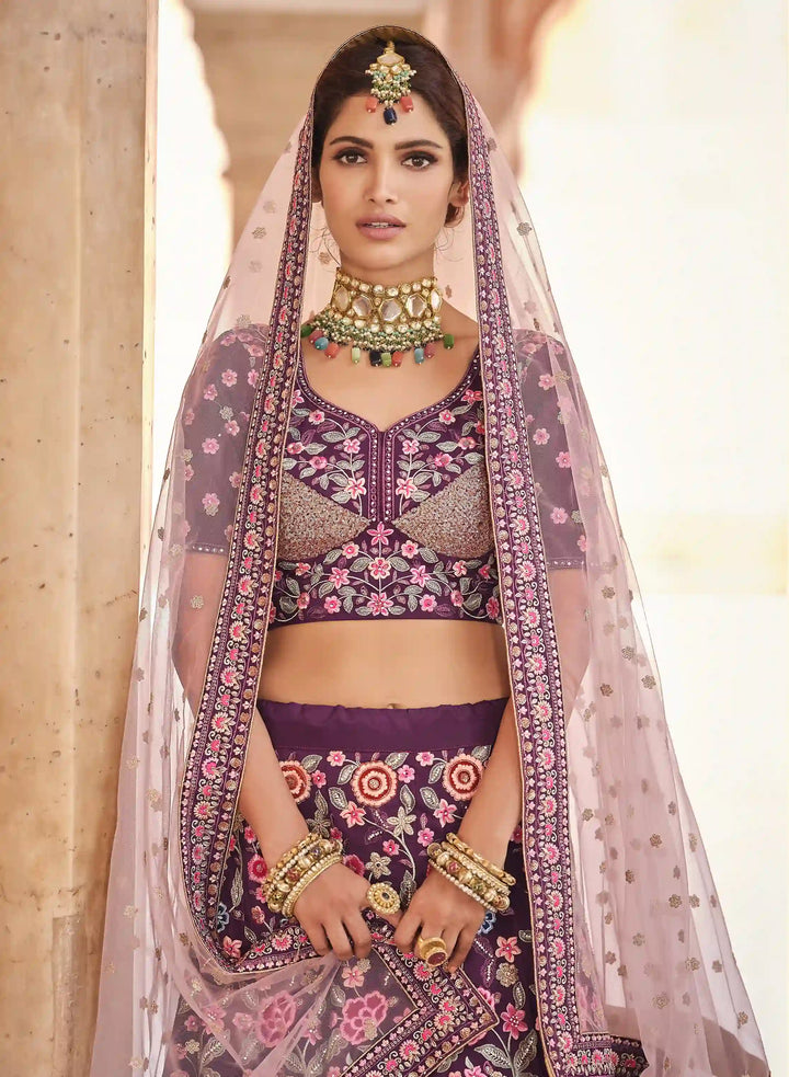 Thread-Work Crepe Bridal Lehenga | Embroidered Work Weddings & Parties
