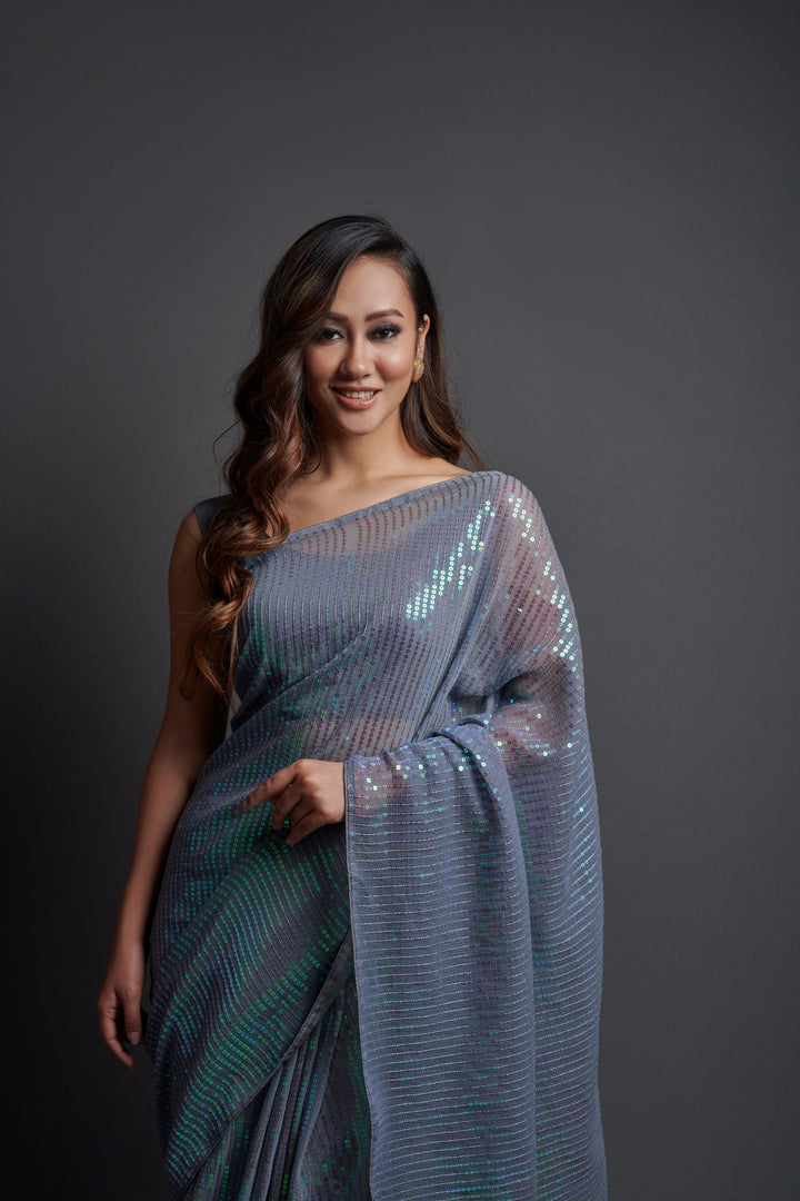 Designer Georgette Saree with Banglori Silk Blouse | Embroidered Sequins for Parties, and Special Events