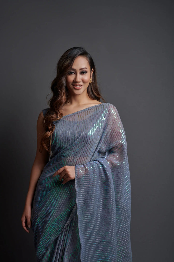 Designer Georgette Saree with Banglori Silk Blouse | Embroidered Sequins for Parties, and Special Events