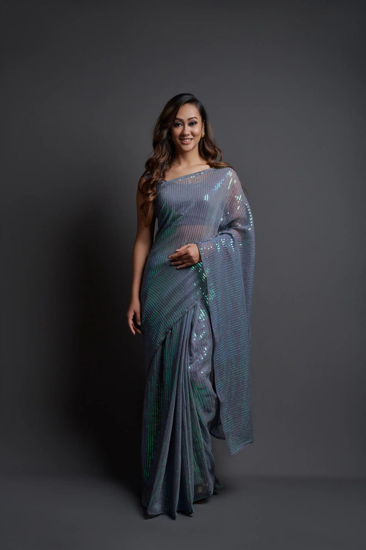 Designer Georgette Saree with Banglori Silk Blouse | Embroidered Sequins for Parties, and Special Events