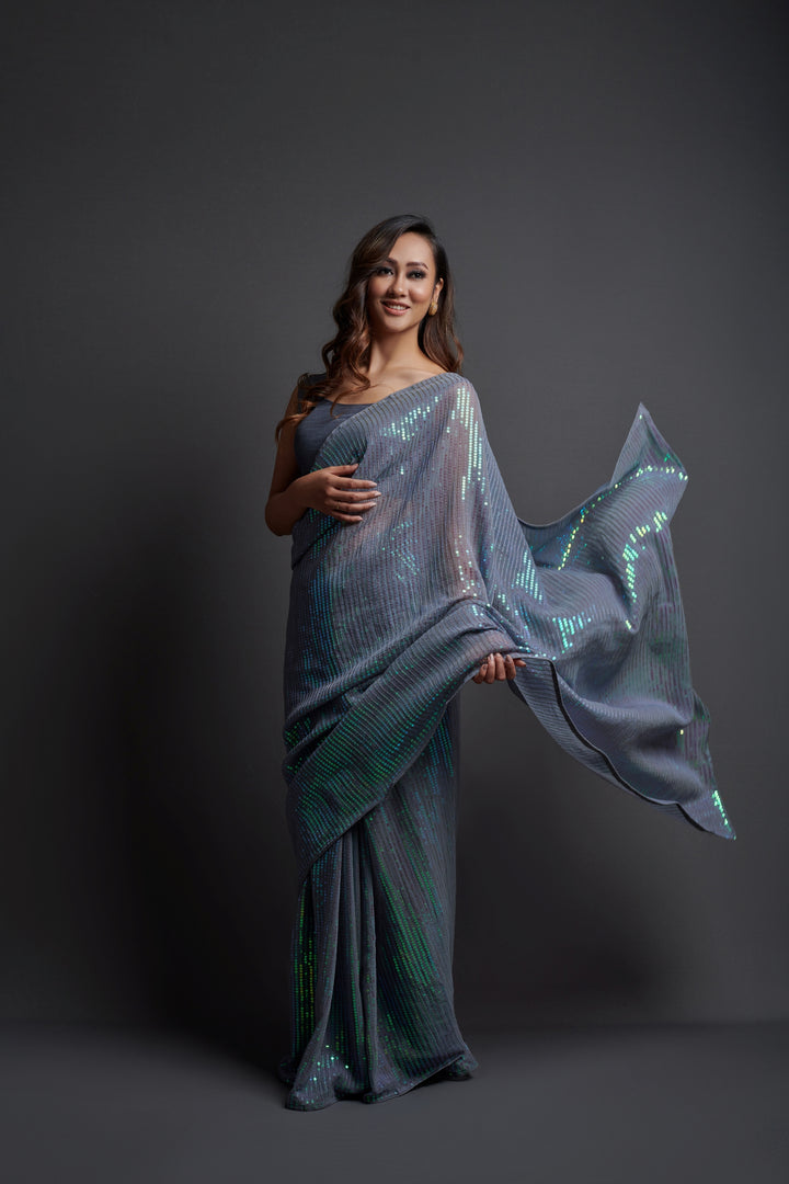 Designer Georgette Saree with Banglori Silk Blouse | Embroidered Sequins for Parties, and Special Events