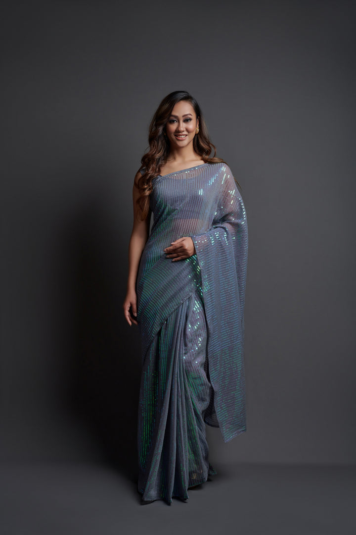 Designer Georgette Saree with Banglori Silk Blouse | Embroidered Sequins for Parties, and Special Events