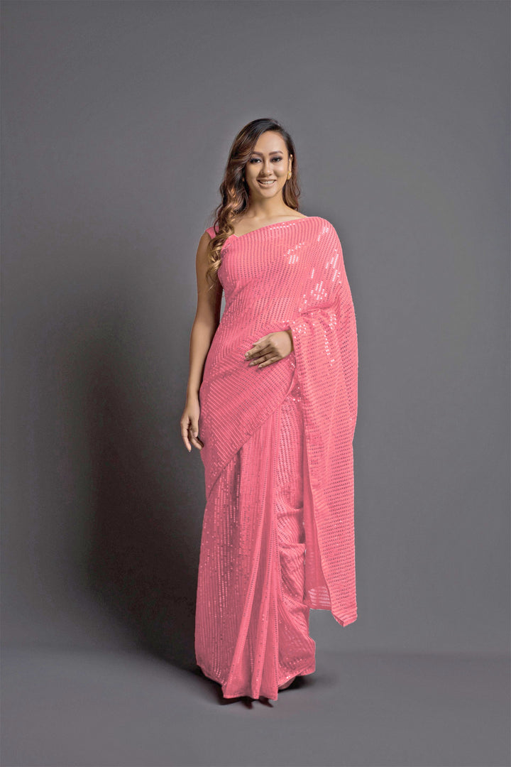 Designer Georgette Saree with Banglori Silk Blouse | Embroidered Sequins for Parties, and Special Events