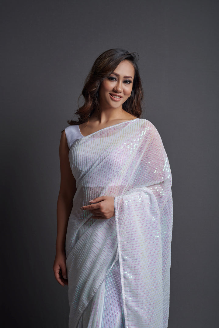 Designer Georgette Saree with Banglori Silk Blouse | Embroidered Sequins for Parties, and Special Events