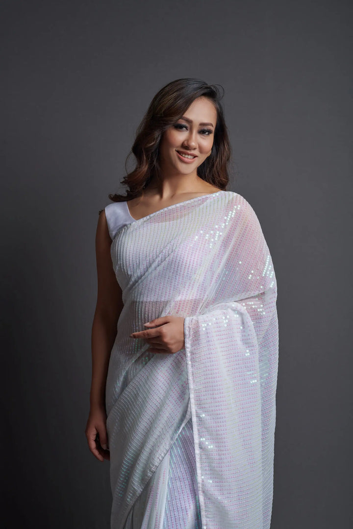 Designer Georgette Saree with Banglori Silk Blouse | Embroidered Sequins for Parties, and Special Events