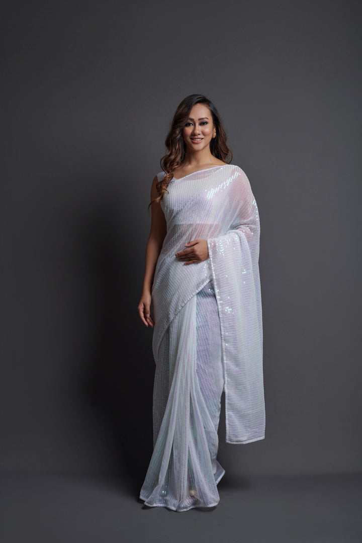 Designer Georgette Saree with Banglori Silk Blouse | Embroidered Sequins for Parties, and Special Events