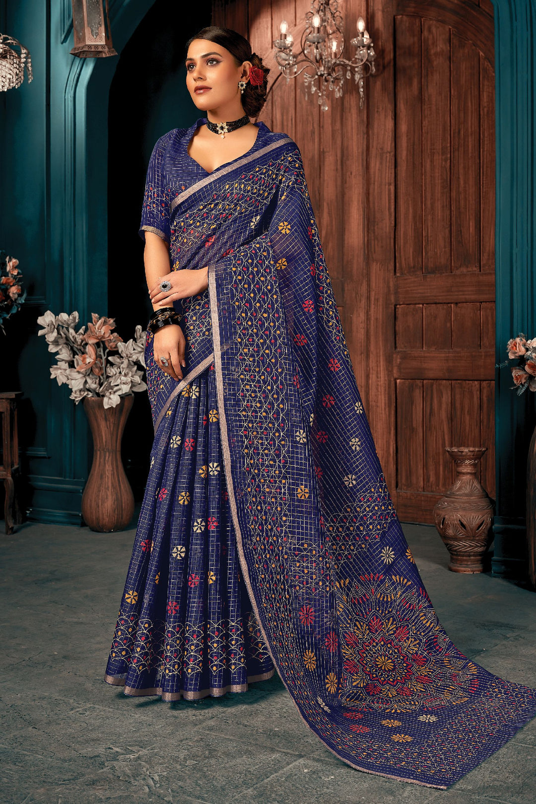 Navy Blue Elegant Cotton Saree | Handwoven Print for Weddings & Celebrations