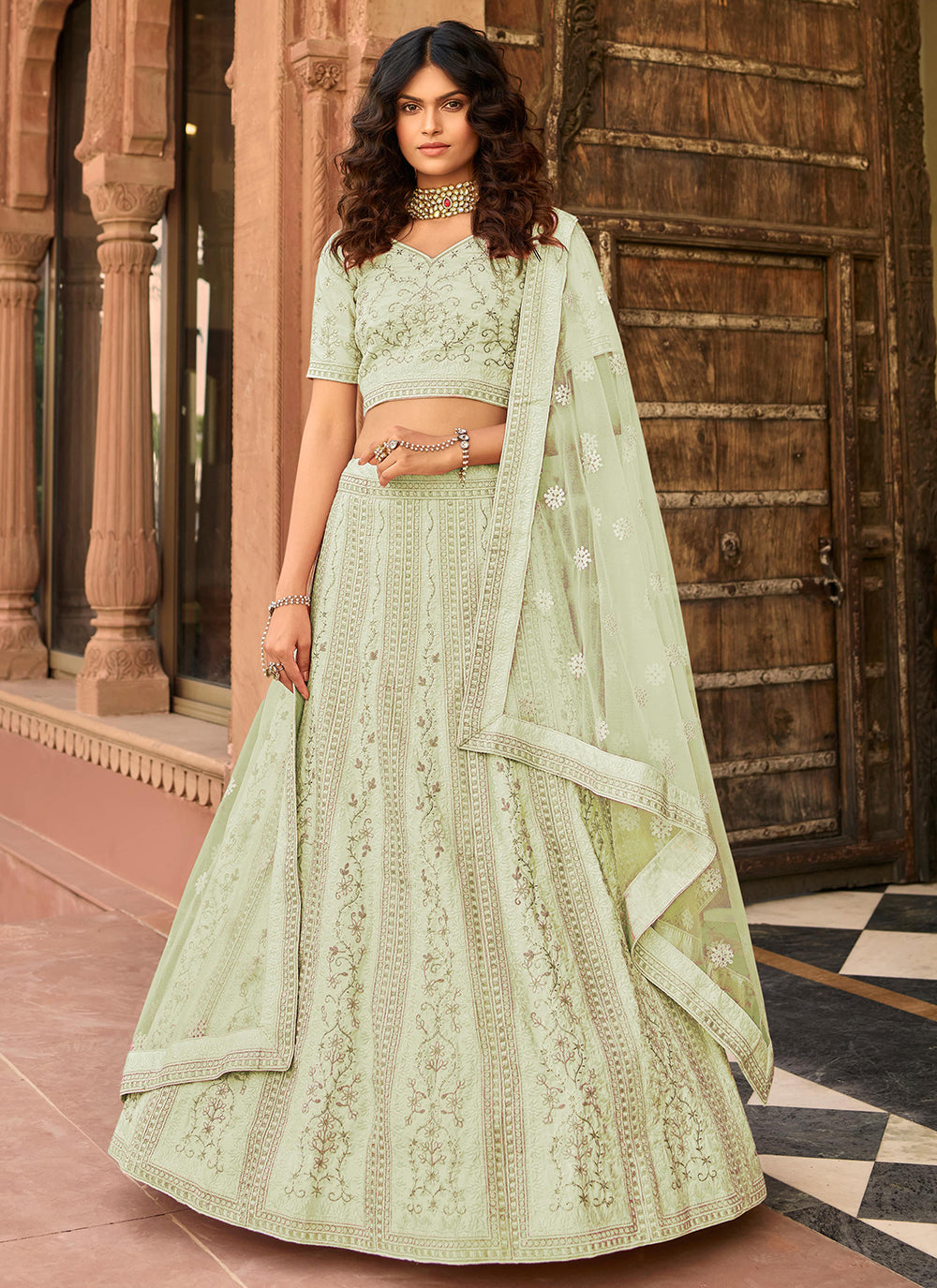 Satin Lehenga with Organza Bottom | Thread, Jari & Sequins Embroidery