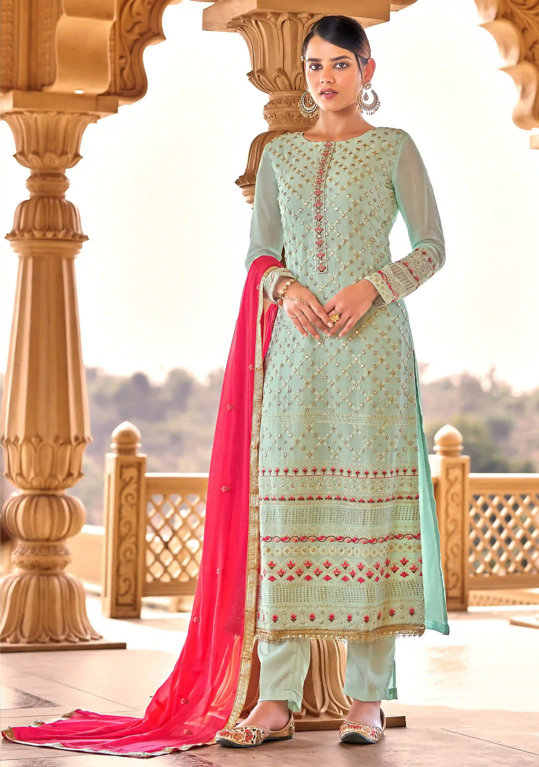 Stylish Sea Green Suit | Viscose Bemberg Georgette with Heavy Sequins Embroidery