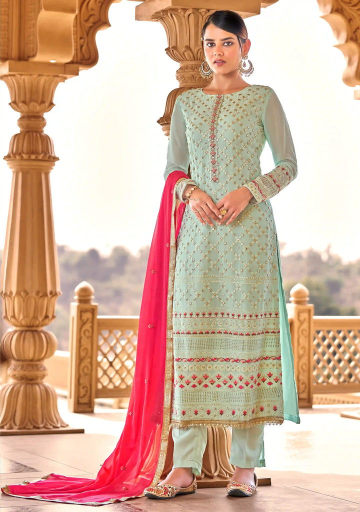 Stylish Sea Green Suit | Viscose Bemberg Georgette with Heavy Sequins Embroidery