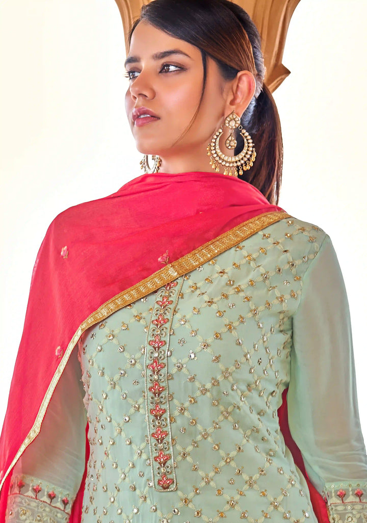 Stylish Sea Green Suit | Viscose Bemberg Georgette with Heavy Sequins Embroidery