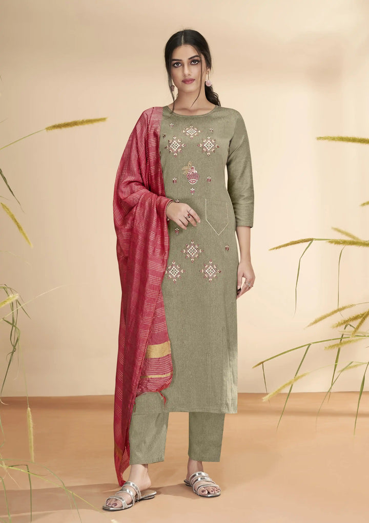 Elegant Green Suit | Cotton Fabric with Banarasi Dupatta and Woven Jari Work