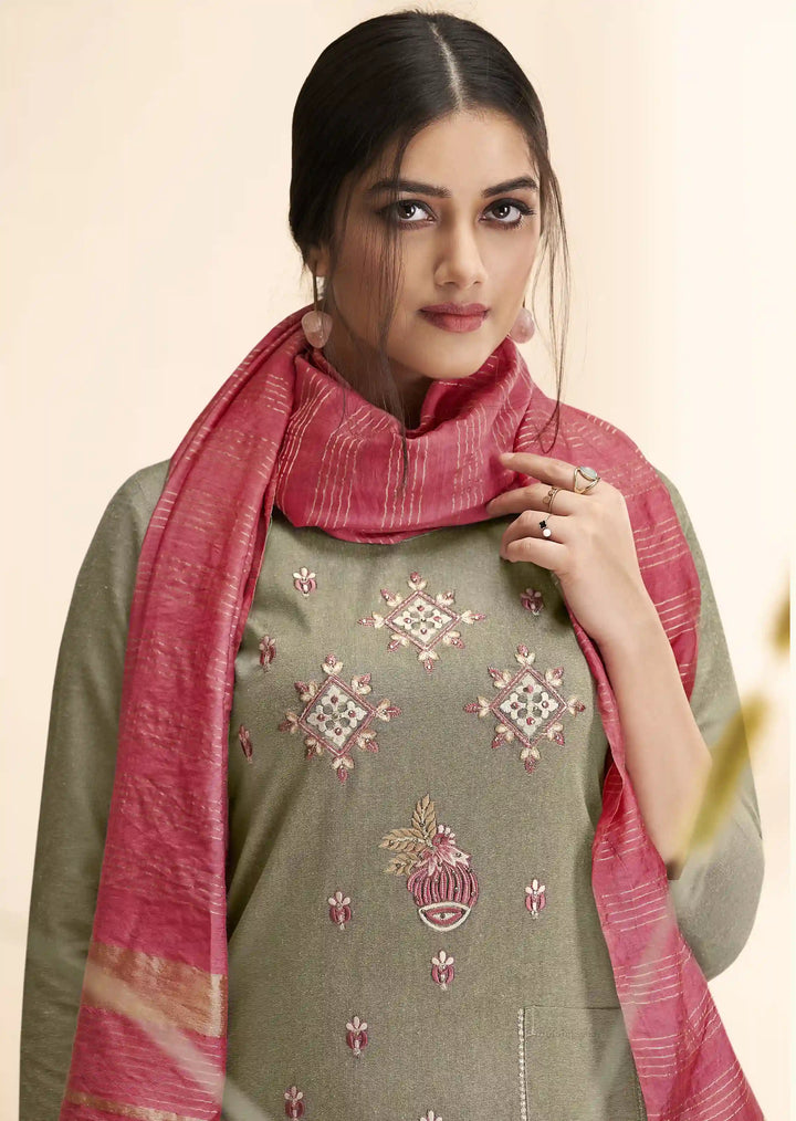 Elegant Green Suit | Cotton Fabric with Banarasi Dupatta and Woven Jari Work