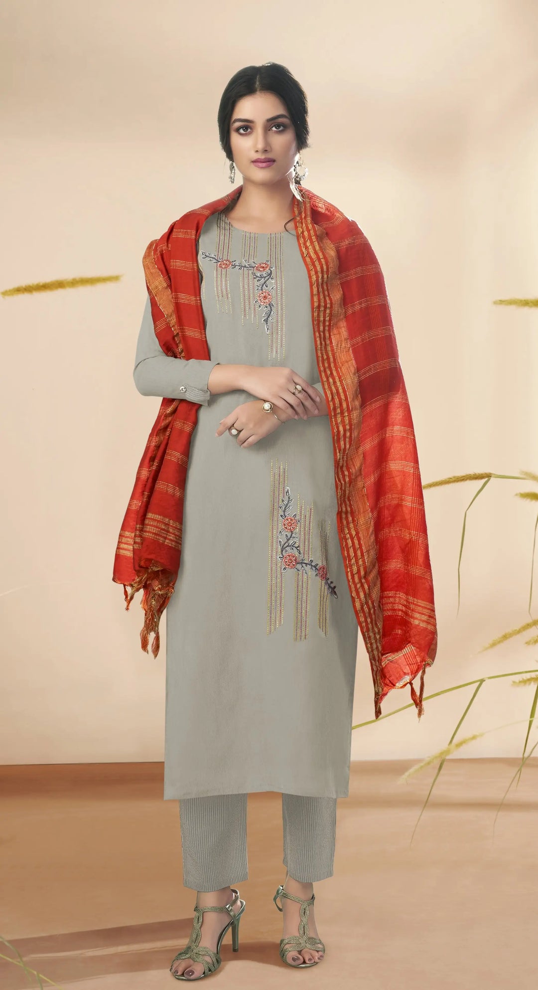 Gray Cotton Suit | Banarasi Dupatta with Designer Embroidery Work