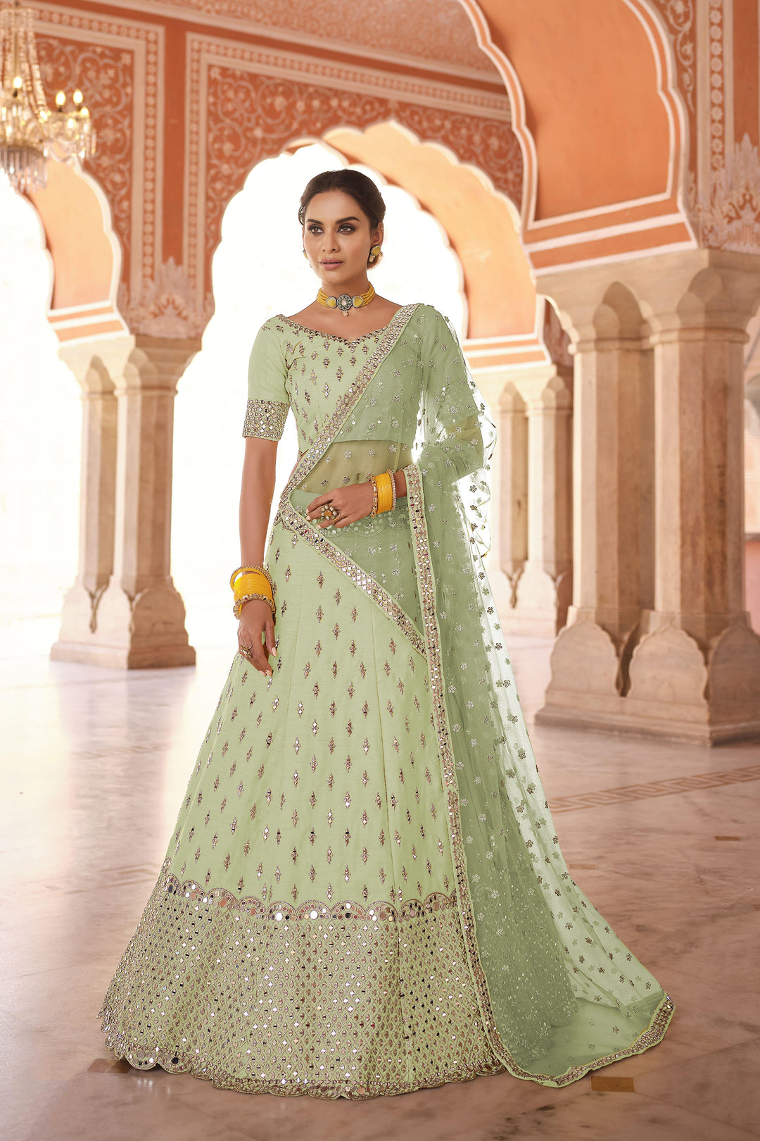 Pista Green Art-Silk Lehenga | Jari Embroidery & Real Mirrors