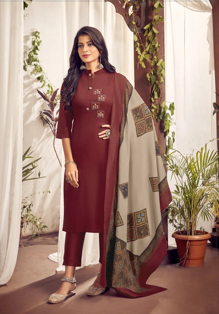 Maroon Embroidered Jam Cotton Suit | Muslin Dupatta & Jam Cotton Bottom