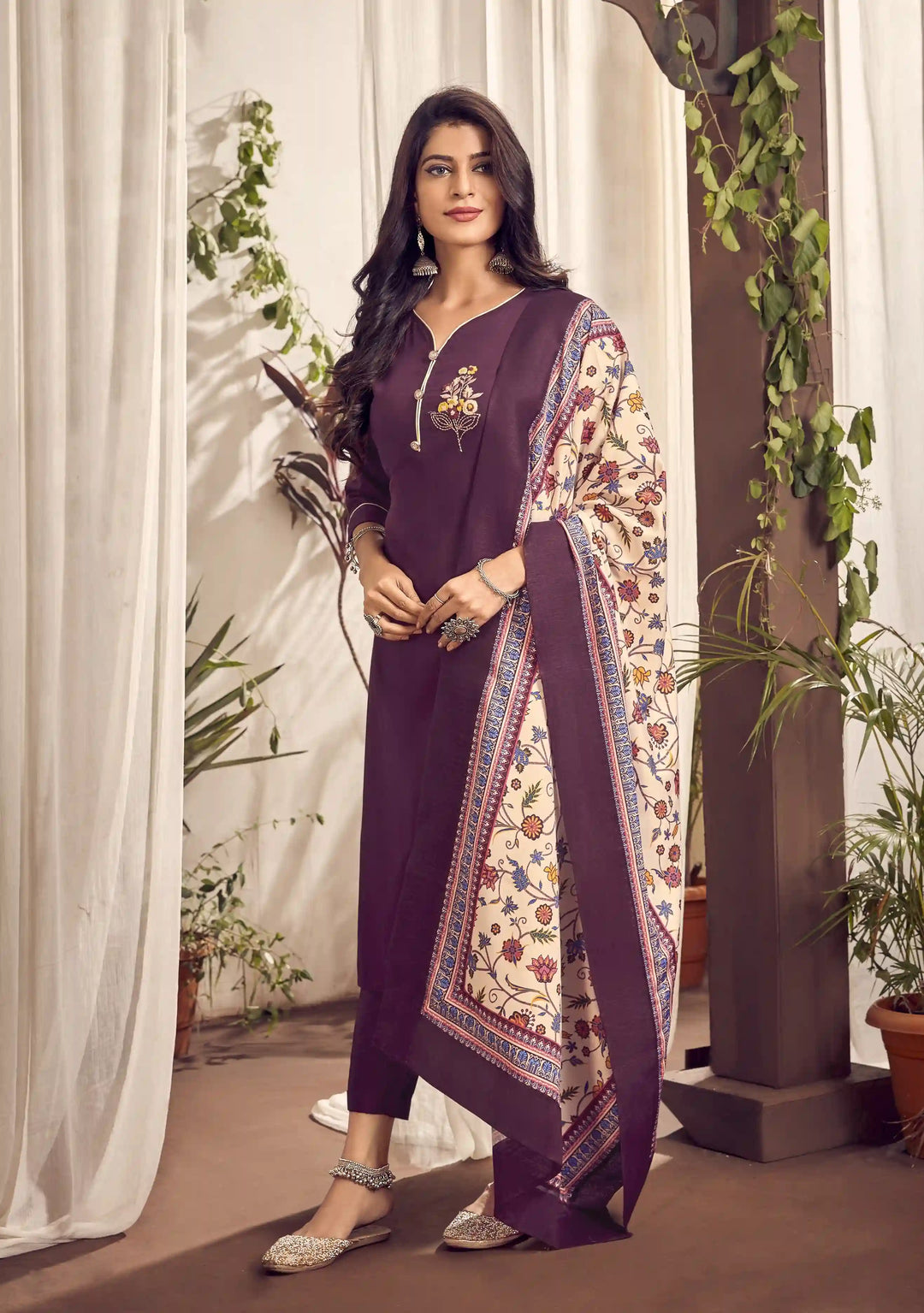 Wine Jam Cotton Suit | Hand Embroidery with Digital Print Muslin Dupatta