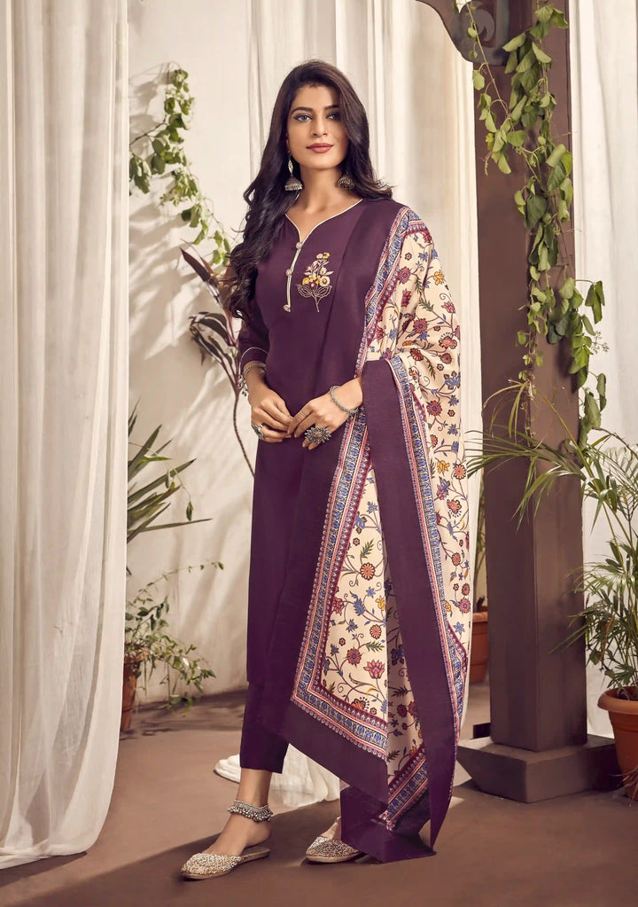 Wine Jam Cotton Suit | Hand Embroidery with Digital Print Muslin Dupatta
