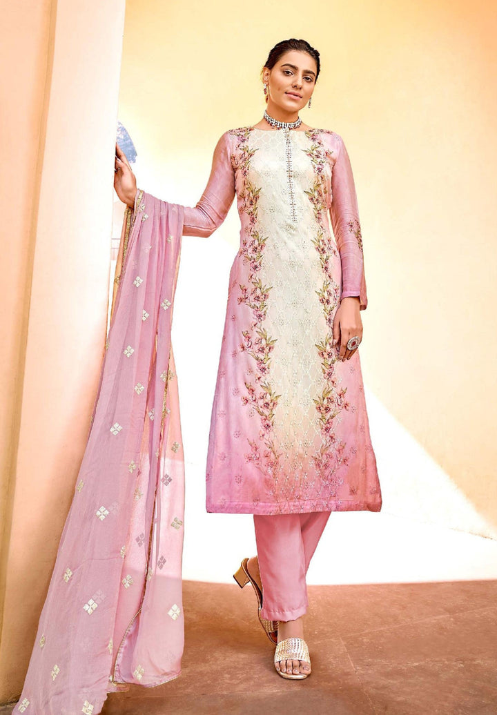 Pink Chiffon Suit | Digital Print, Embroidery, and Swarovski Work with Dupatta