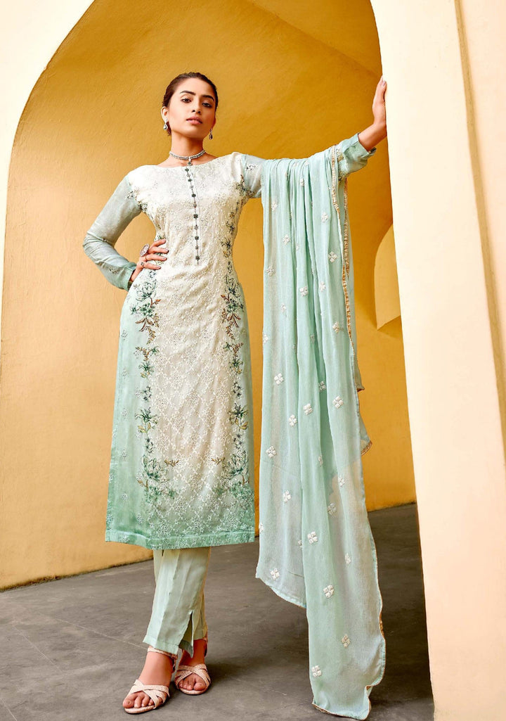 Designer Pista Green Suit | Chiffon Kameez with Embroidered Dupatta for Festive Wear
