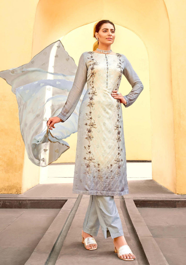 Gray Chiffon Suit | Swarovski Embroidered Kameez with Dupatta for Festive Wear