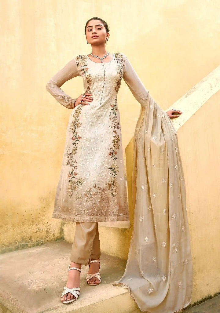 Beige Chiffon Suit | Swarovski and Embroidered Kameez with Dupatta for Weddings