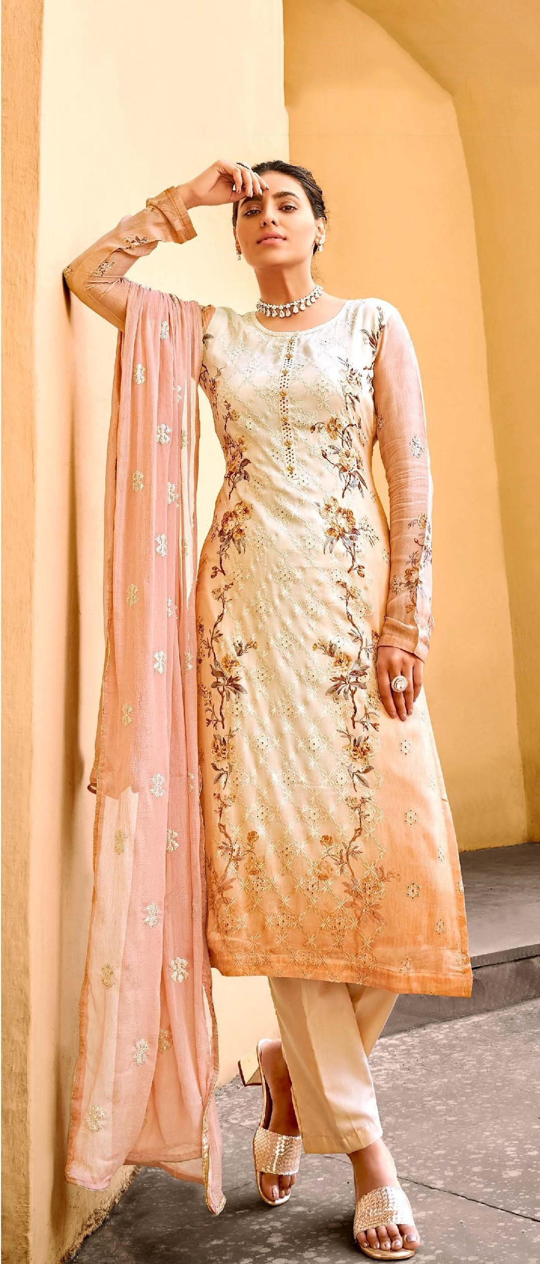 Elegant Peach Suit | Embroidered Viscose Chinon Kameez with Dupatta for Festive Wear