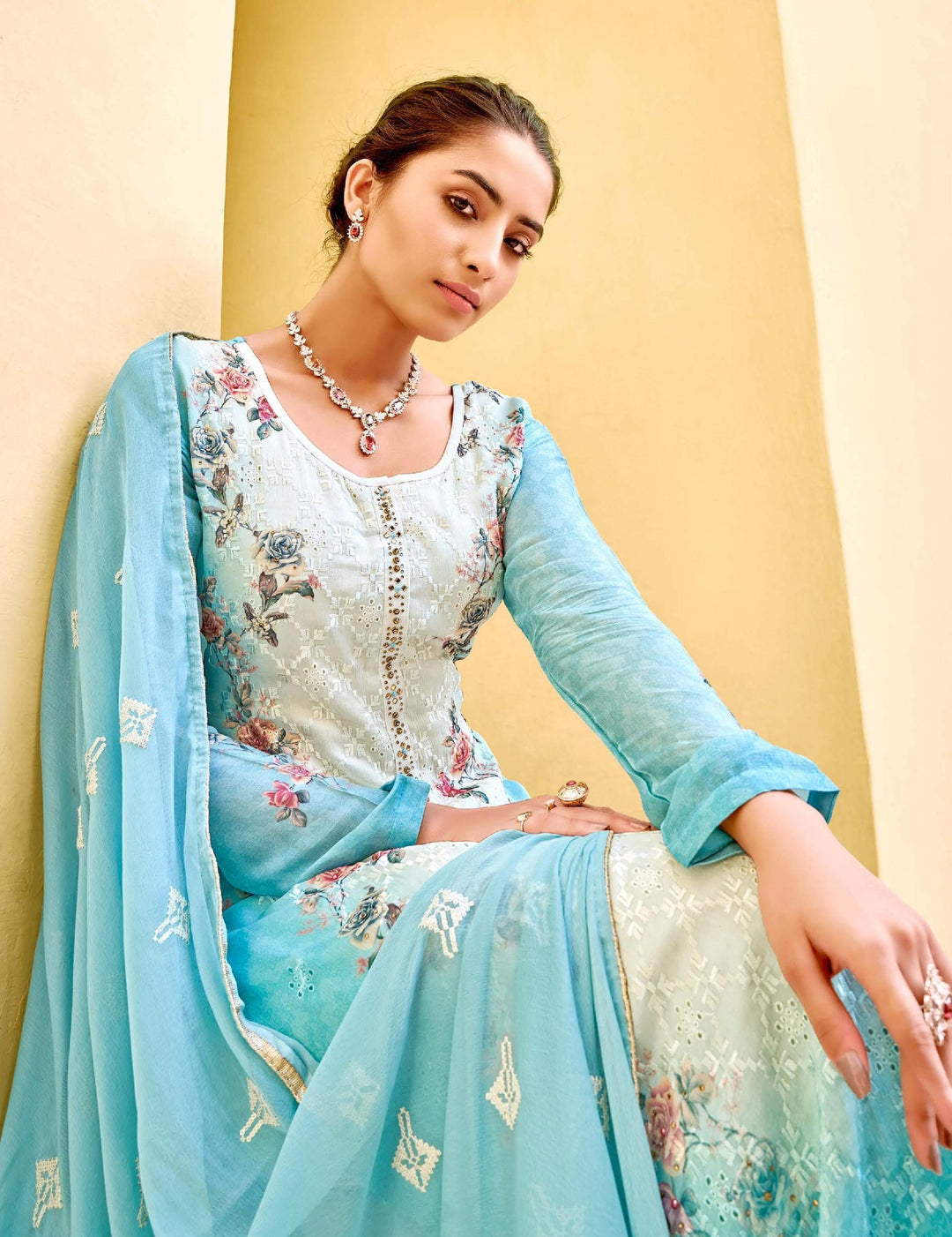 Elegant Blue Suit | Digital Print and Stone Work Salwar Kameez with Dupatta