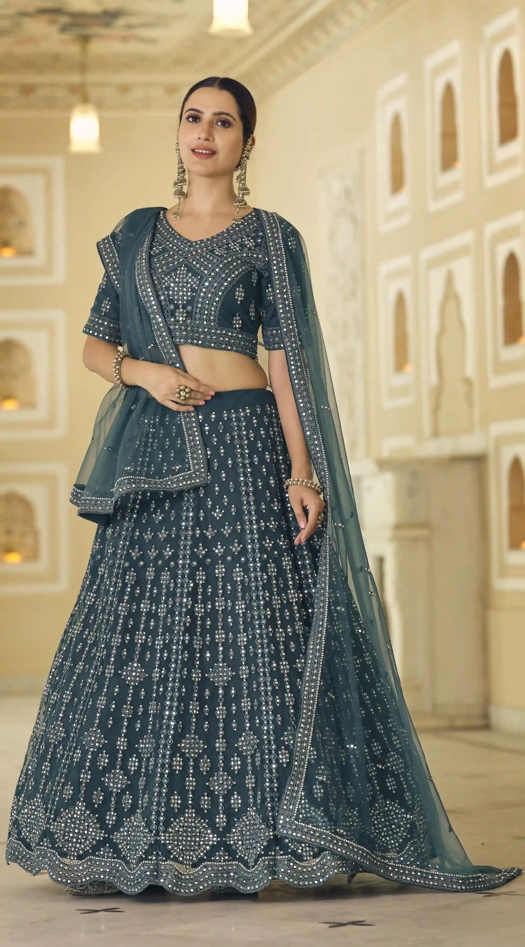 Teal Blue Soft Net Lehenga with Teal Blue Dupatta | Crafted for Timeless Elegance