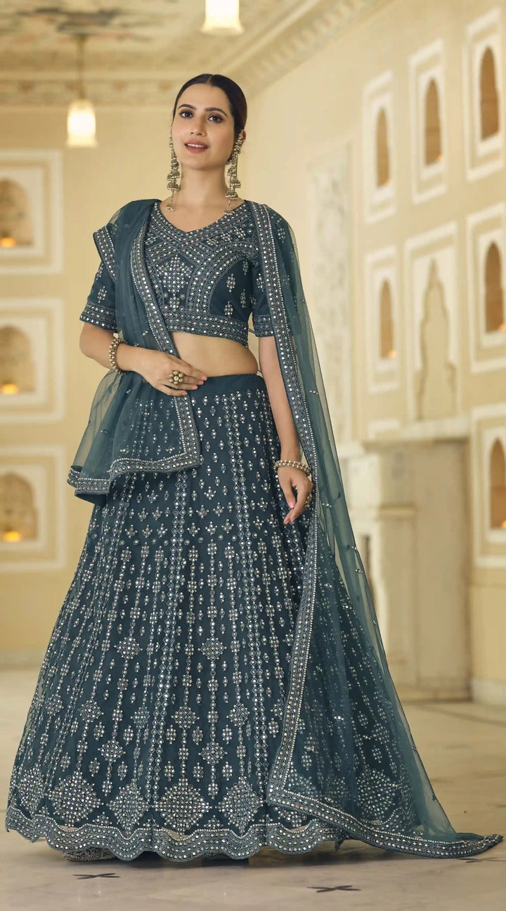 Teal Blue Soft Net Lehenga with Teal Blue Dupatta | Crafted for Timeless Elegance