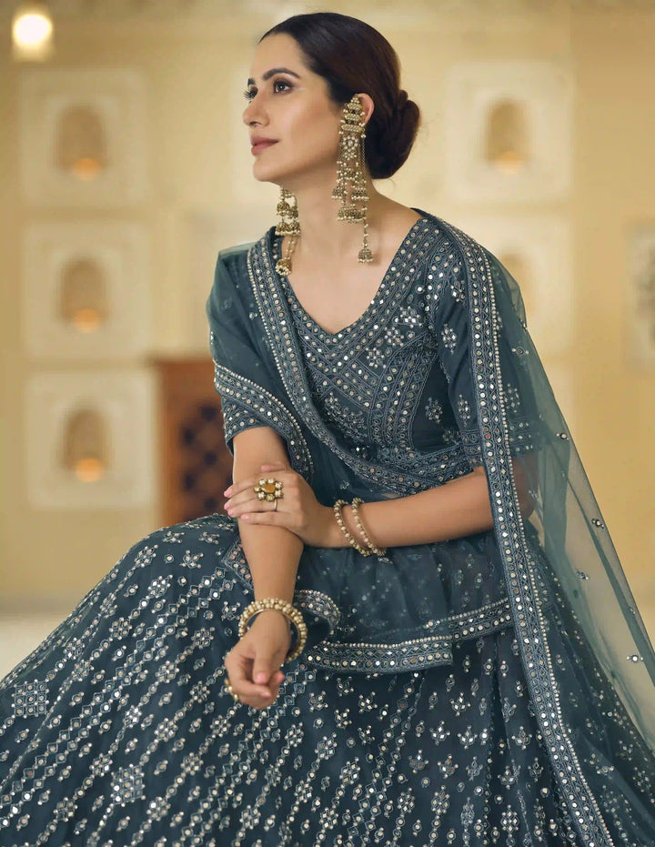 Teal Blue Soft Net Lehenga with Teal Blue Dupatta | Crafted for Timeless Elegance