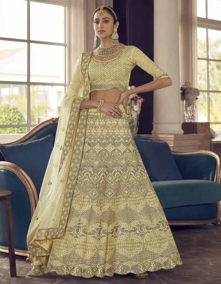 Gorgeous Lime Yellow Crepe Lehenga with Lime Yellow Dupatta | Crafted for Timeless Elegance