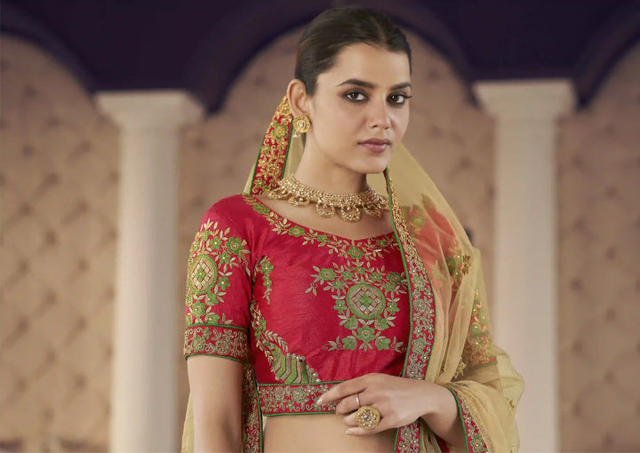 Beautiful Green Jacquard Silk Lehenga with Beige Dupatta | Crafted for Timeless Elegance