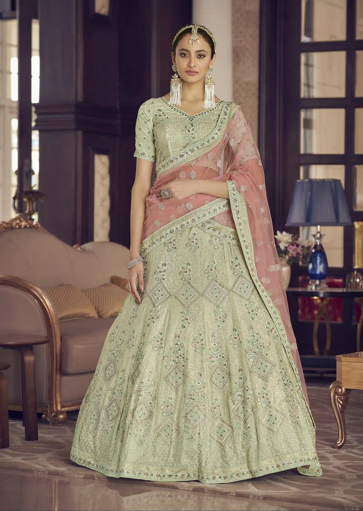 Exquisite Pista Crepe Lehenga with Peach Dupatta | Unmatched Beauty for Grand Occasions