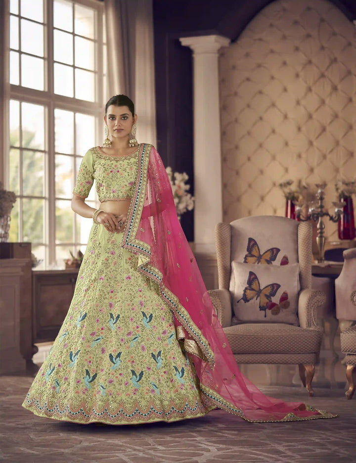 Exquisite Pista Art Silk Lehenga with Pink Dupatta | An Exclusive Designer Masterpiece