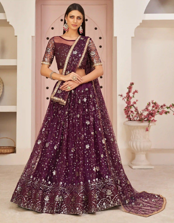 Exquisite Wine Mono Net Lehenga with Wine Dupatta | Crafted for Timeless Elegance