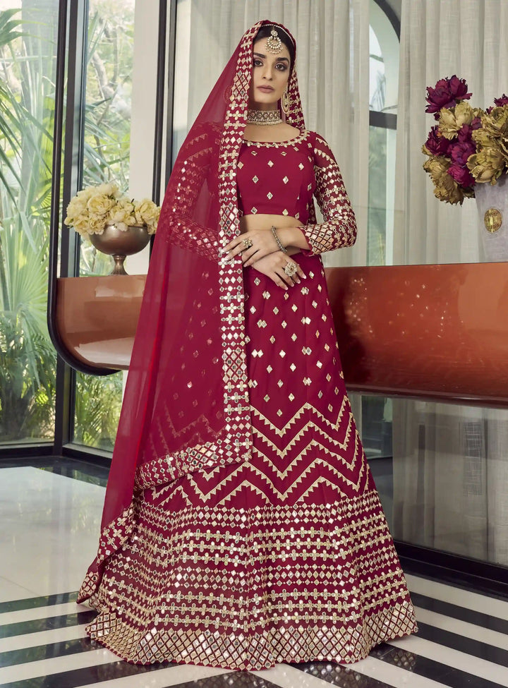 Red Designer Lehenga | Georgette with Jari Embroidery & Foil Mirror Work