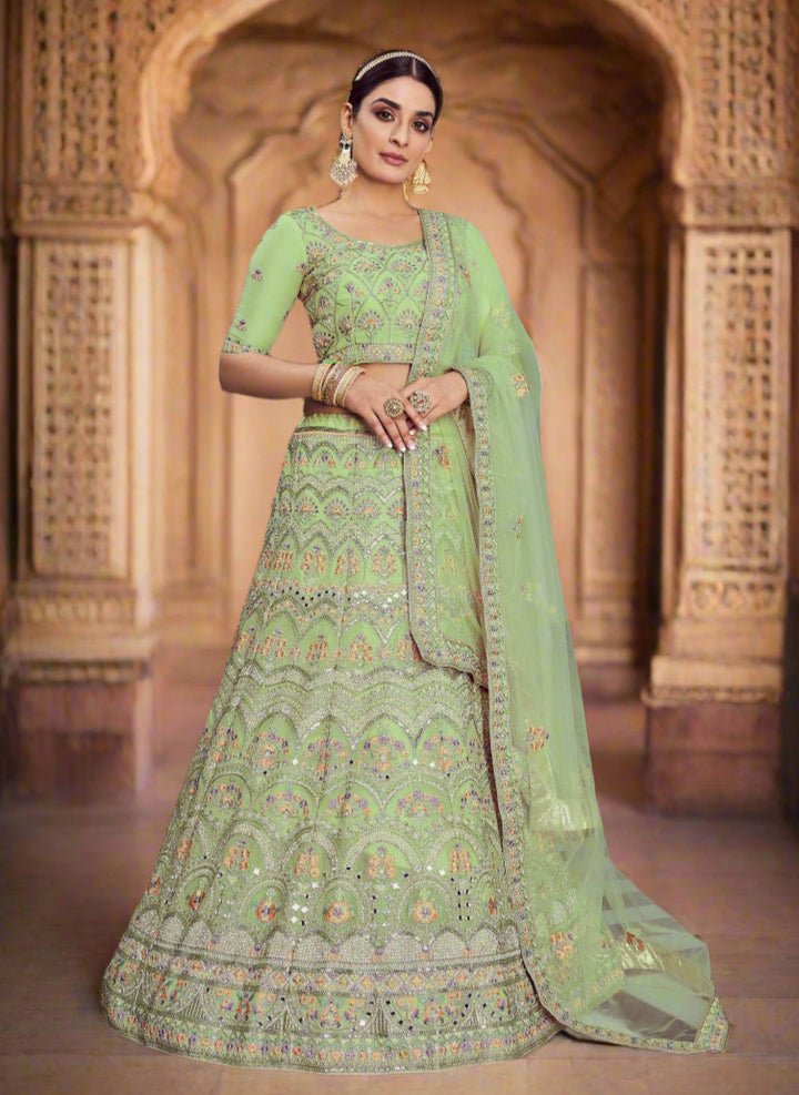 Organza Lehenga choli with Mirror & Zarkan Embroidery | Elegant Bridal Wear