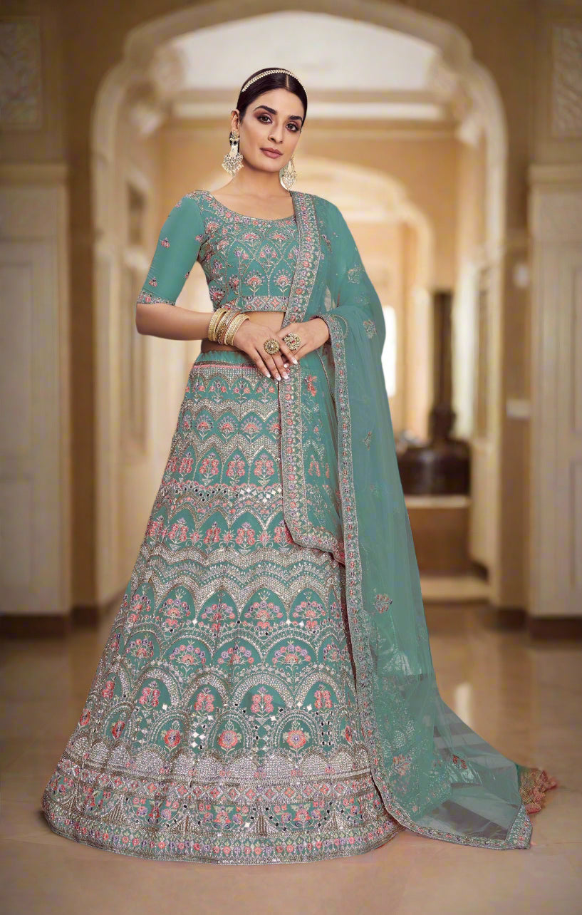 Organza Lehenga choli with Mirror & Zarkan Embroidery | Elegant Bridal Wear