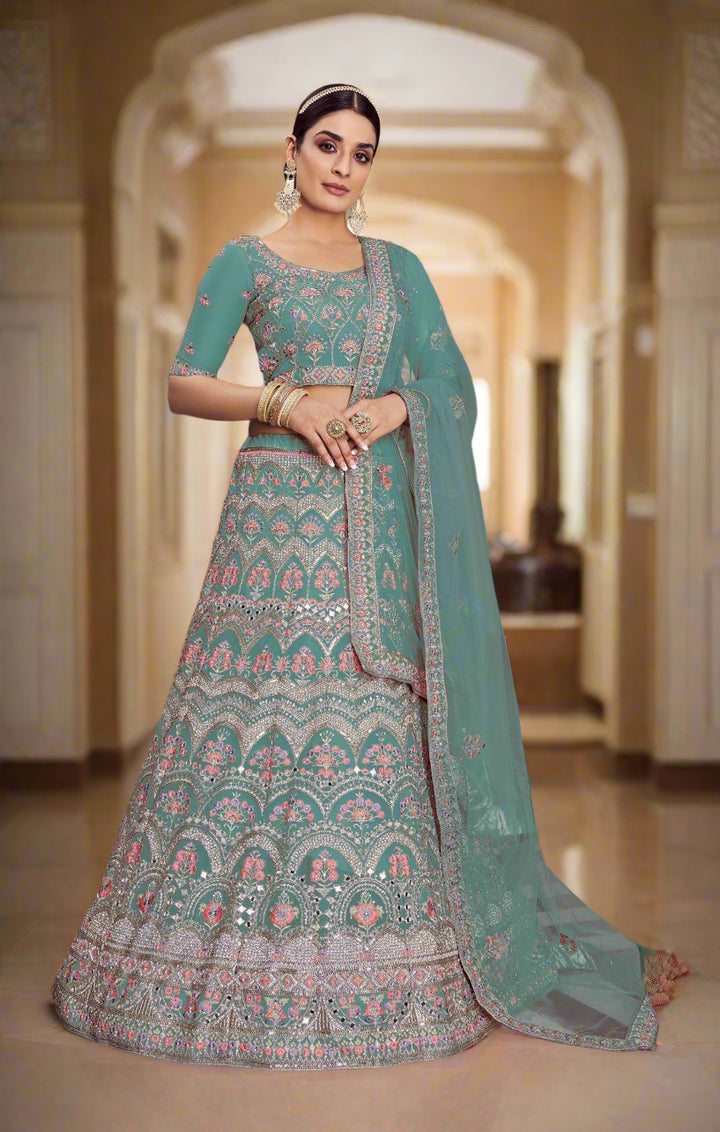 Organza Lehenga choli with Mirror & Zarkan Embroidery | Elegant Bridal Wear