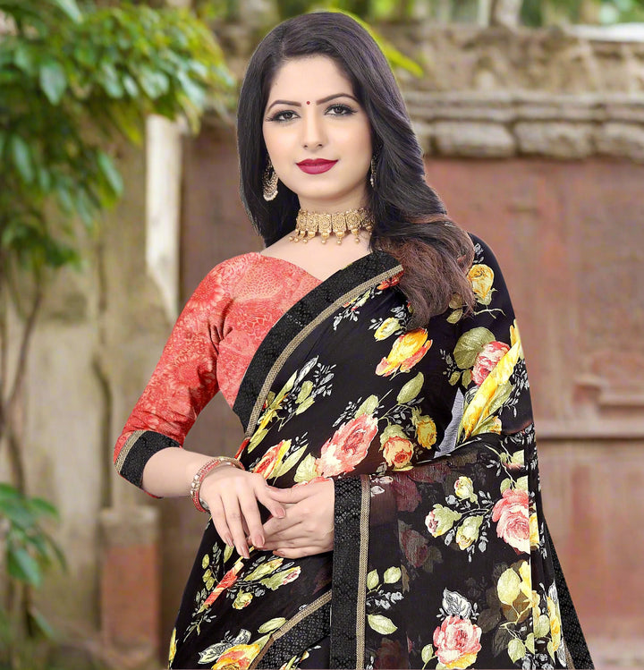 Designer-Printed Chiffon Saree | Elegant Art-Silk Blouse for Special Events