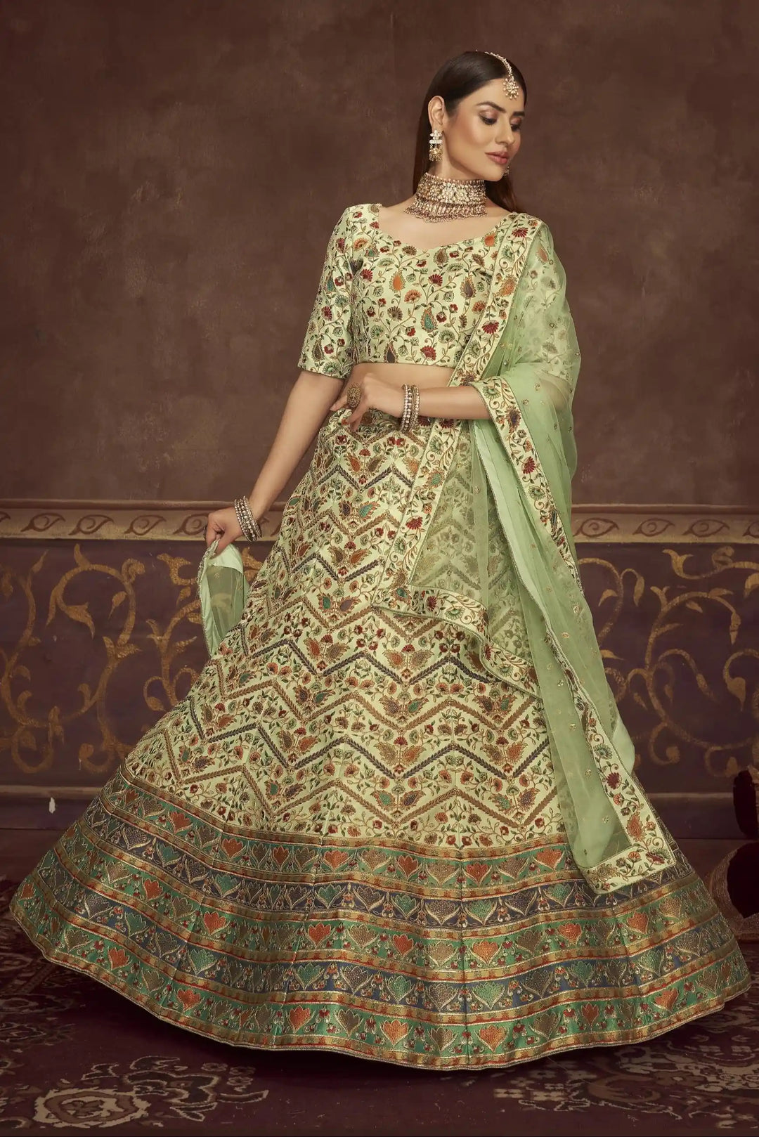Elegant Pista Green Art Silk Lehenga | Designer Printed & Swarovski Work