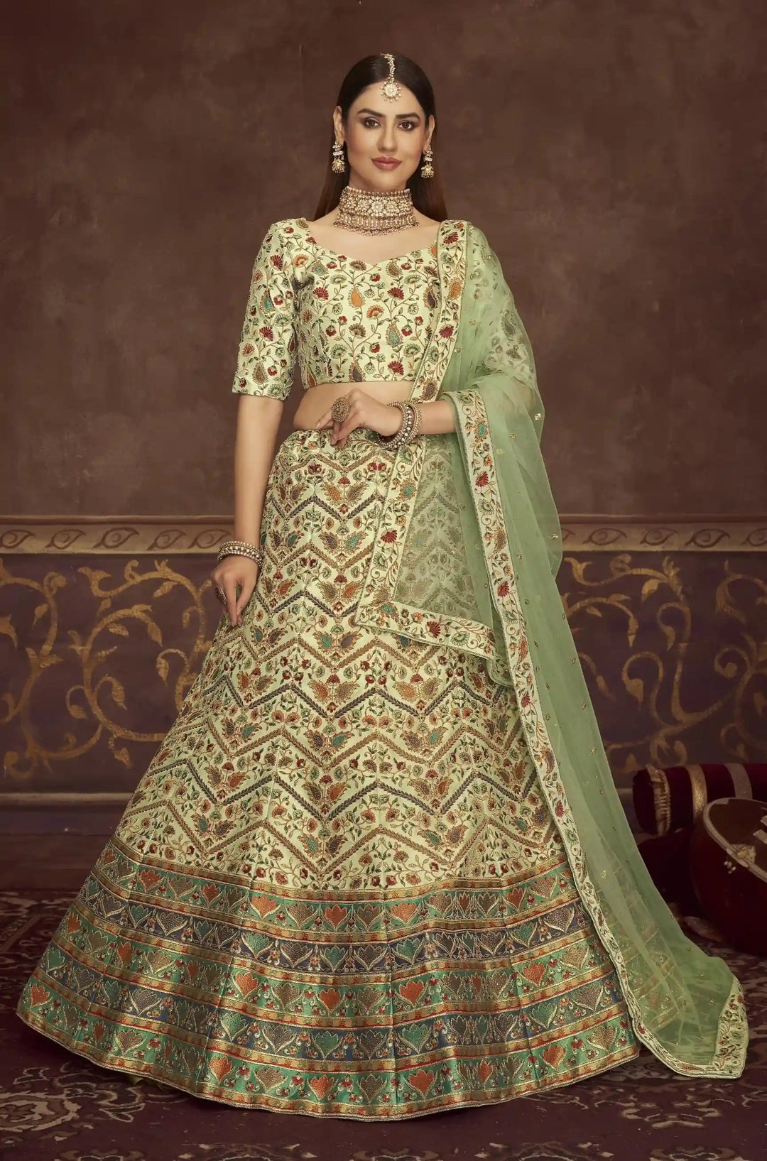 Elegant Pista Green Art Silk Lehenga | Designer Printed & Swarovski Work
