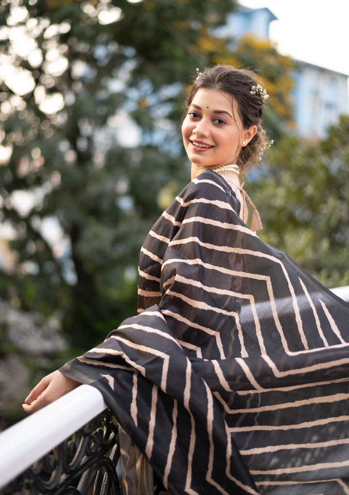 Tussar Silk Saree with Laheriya Print and Wevon Jari Border | Partywear Saree