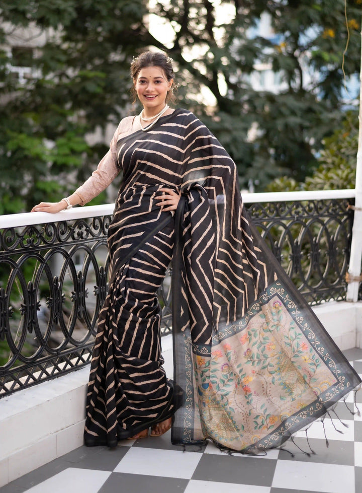 Tussar Silk Saree with Laheriya Print and Wevon Jari Border | Partywear Saree
