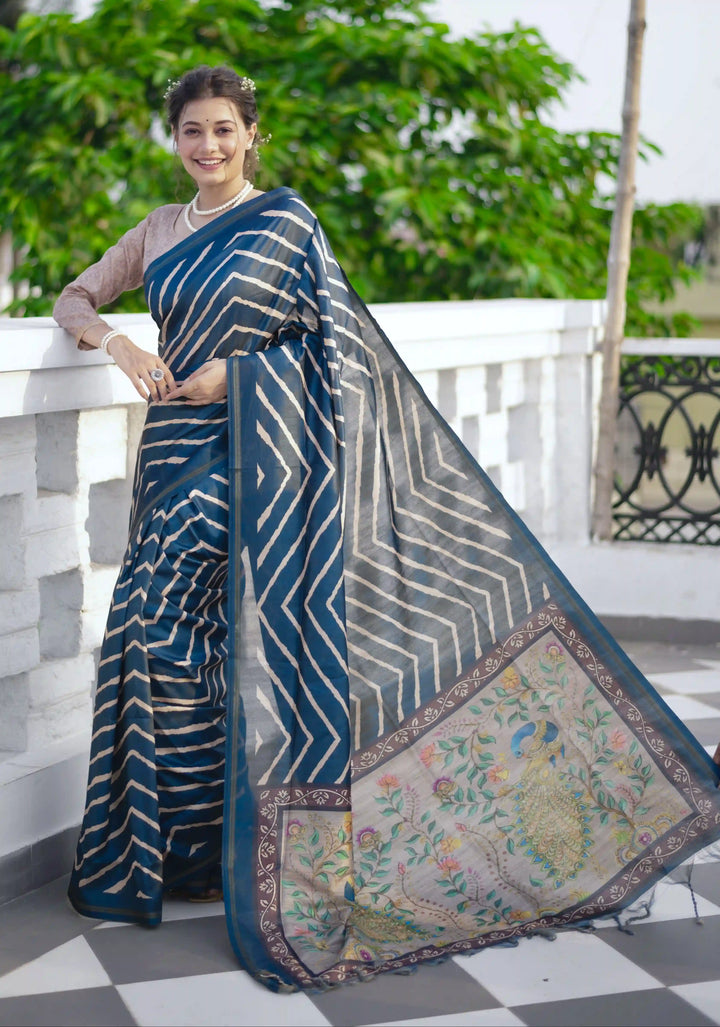 Tussar Silk Saree with Laheriya Print and Wevon Jari Border | Partywear Saree